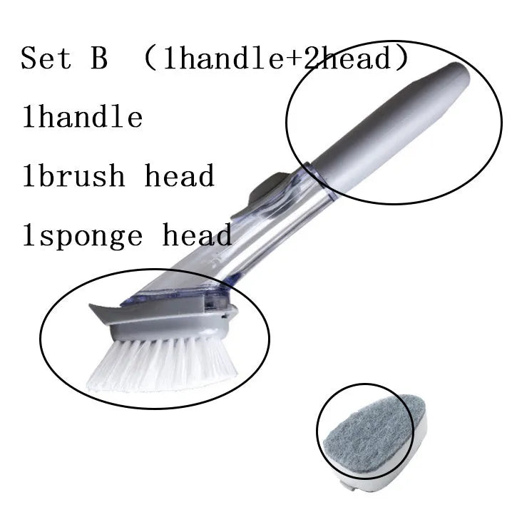 2 in 1 long handle cleaning brush with removable brush head, PP and nylon bristles, sponge attachment and button for washing-up liquid.