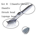 2 in 1 long handle cleaning brush with removable brush head, PP and nylon bristles, sponge attachment and button for washing-up liquid.