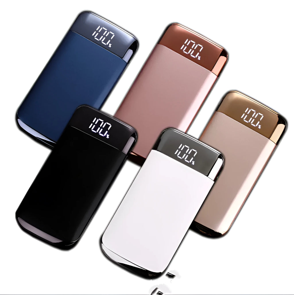 Square aluminium power bank with digital display and multiple USB charging ports