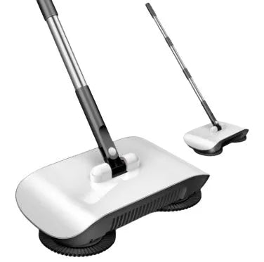Pink hand push sweeper with rotating brush on floor shows broom dustpan mop all-in-one design