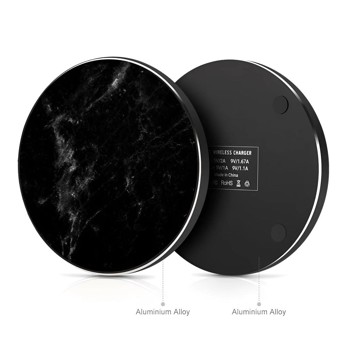 Marble wireless charger 10W Qi pad 100x100x8.5mm in Black or White