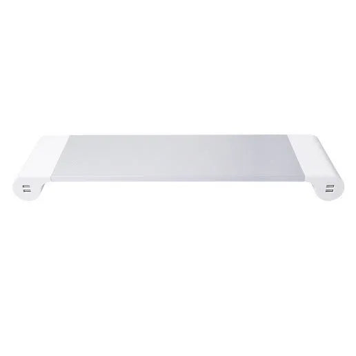 Black computer monitor stand with USB ports on the front and a hidden keyboard storage compartment underneath