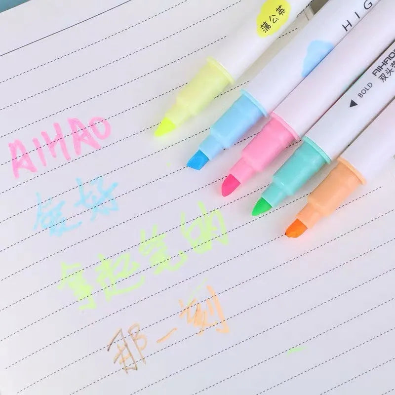 Double head gel pens with highlighting and writing tips in five colours