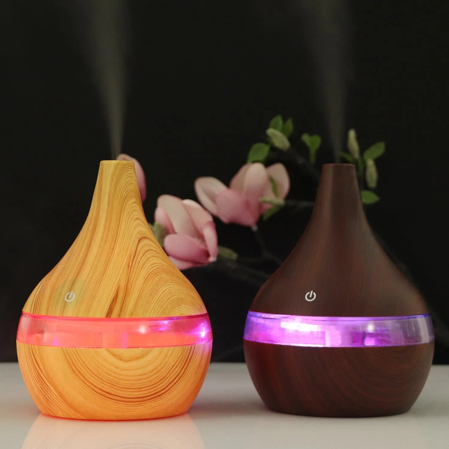USB-powered mini air purifier humidifier in a wood grain columnar design for small rooms.