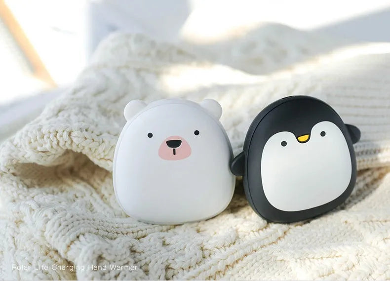 Cartoon penguin polar bear USB rechargeable hand warmer power bank in black, white and black-white colours