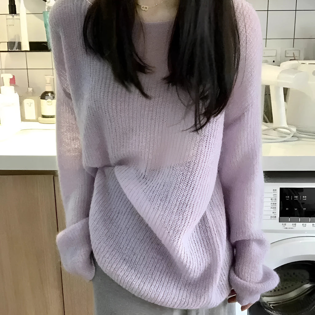 Women's purple ice silk blouse with hollow-out design and princess sleeves, loose fit pullover.