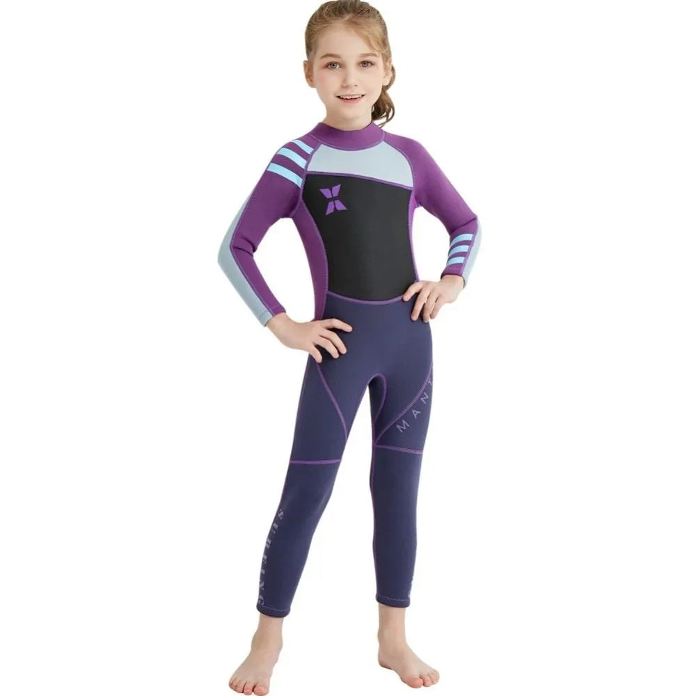 Children diving suit for girls SCR neoprene nylon wetsuit black pink colour front view