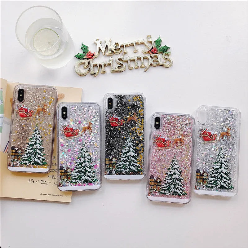 Christmas quicksand design phone case with Santa Claus pattern for iPhone and Samsung devices