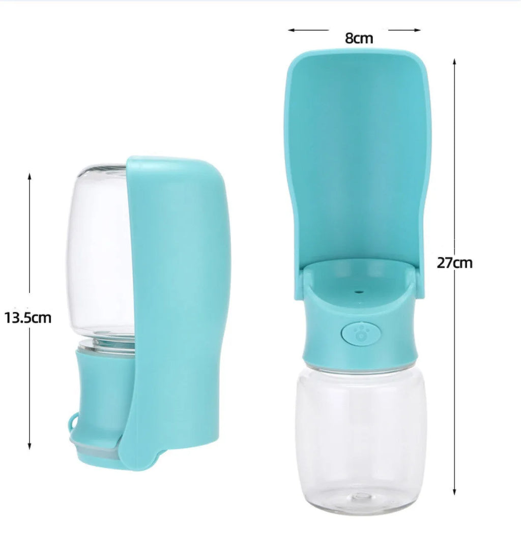 Blue foldable dog water bottle with dispenser cup extended, showing 550ml capacity marking.