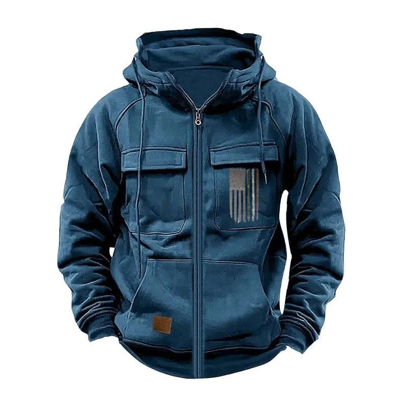 Men's printed loose zip casual hooded sweatshirt in polyester fibre, long sleeve, available in eight colours and sizes S to XXXL