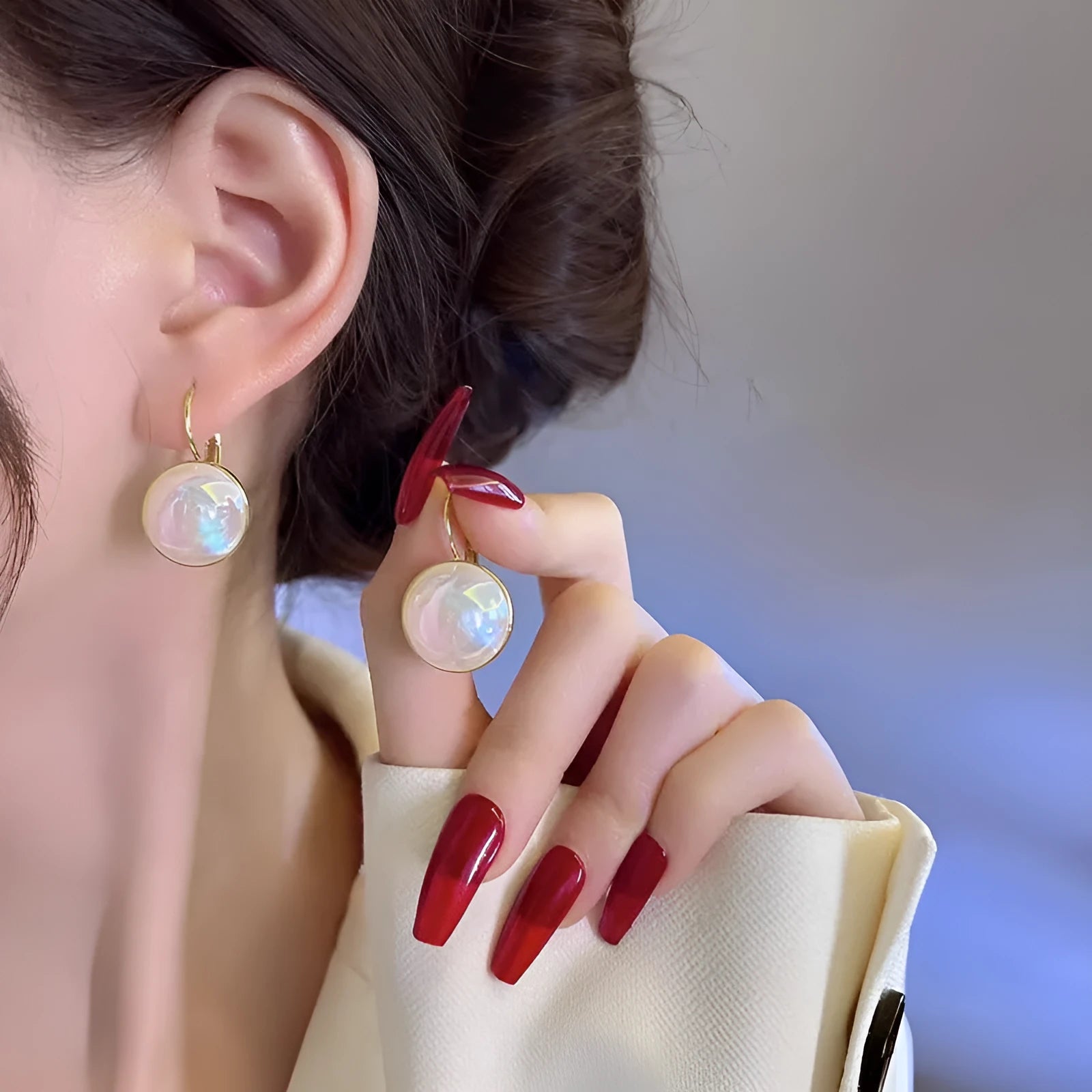 Colourful mermaid finish geometric ear clips with Korean style design and anti-lost clip mechanism
