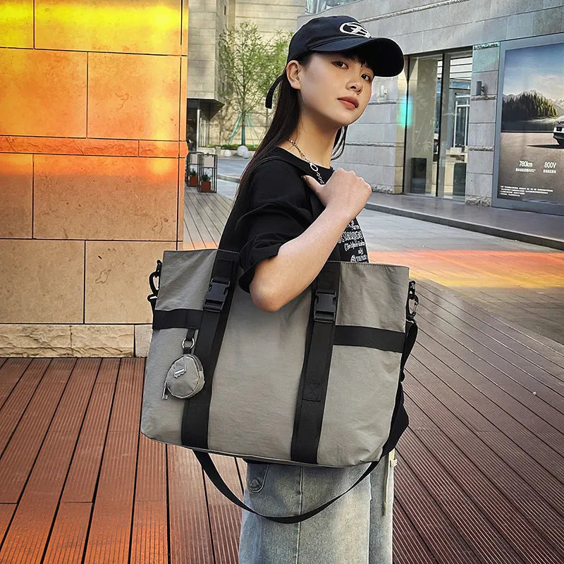Large grey Oxford cloth shoulder bag with separate coin purse compartment