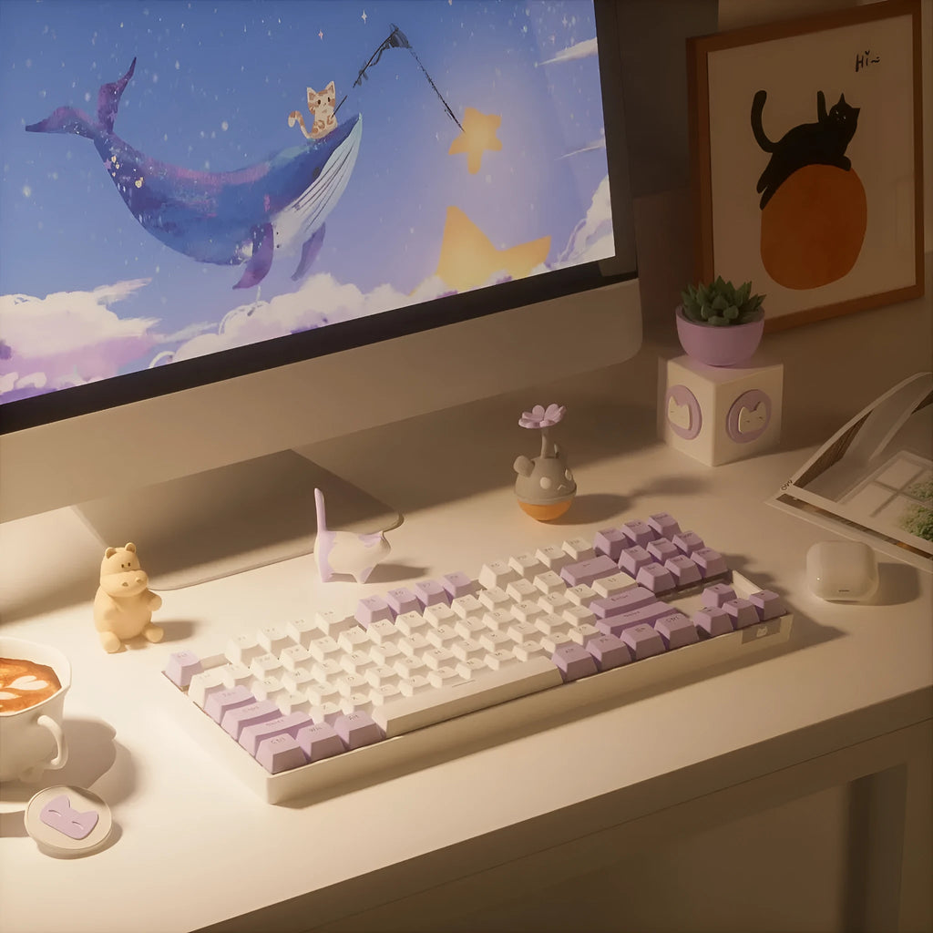 Wireless Bluetooth mechanical keyboard with metal frame in blue white or white purple colour options
