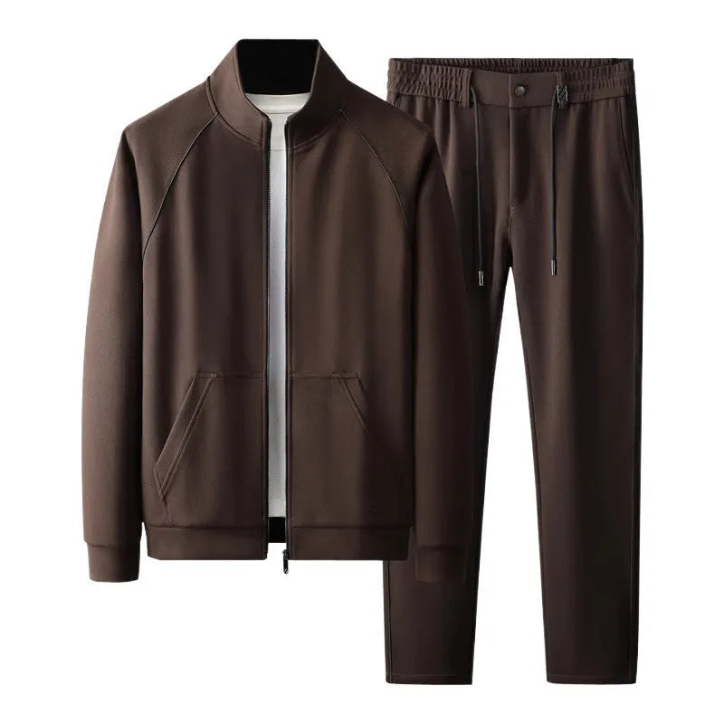 Men's stand collar slim fit sports suit jacket and trousers in coffee colour