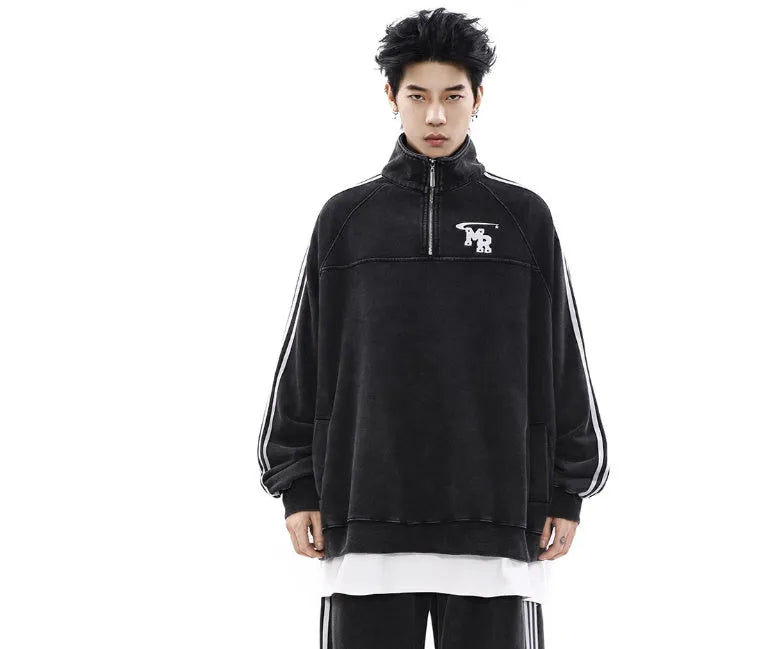 Black retro American style stand collar hoodie with long sleeves and polyester fabric construction