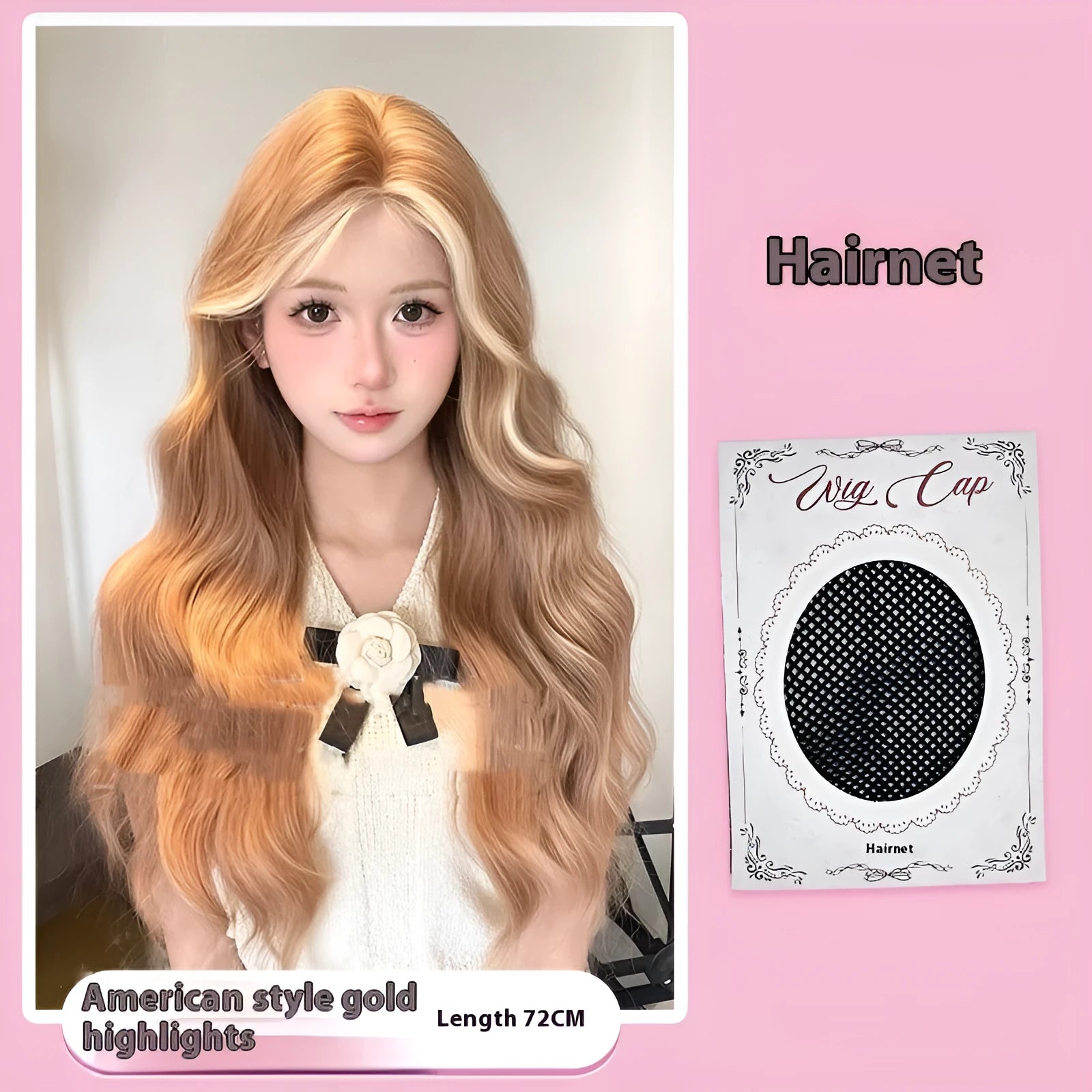 Long curly lace front wig in American highlight gold colour on display stand