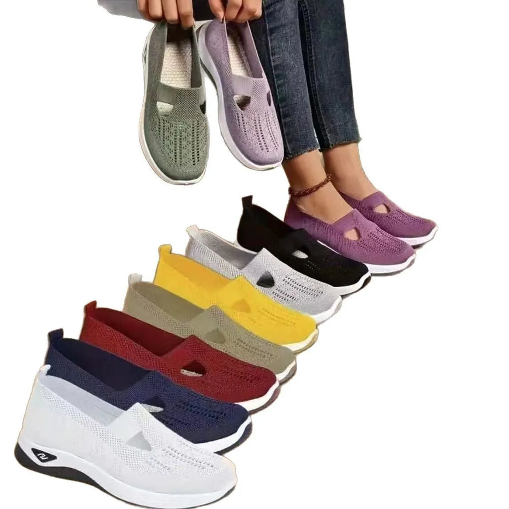 Casual T-strap mesh shoes for women with a soft PVC sole, shown in multiple colour options.