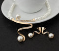 Gold pearl necklace and earrings set with deep V clavicle design and drop-shaped pendant