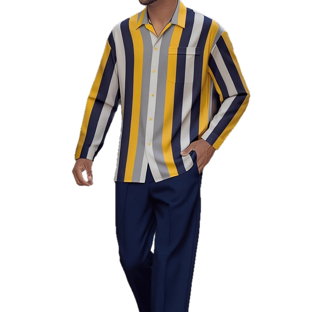 Men's print striped suit set with long sleeve blazer and trousers in polyester fabric, multiple colour options, Asian sizing