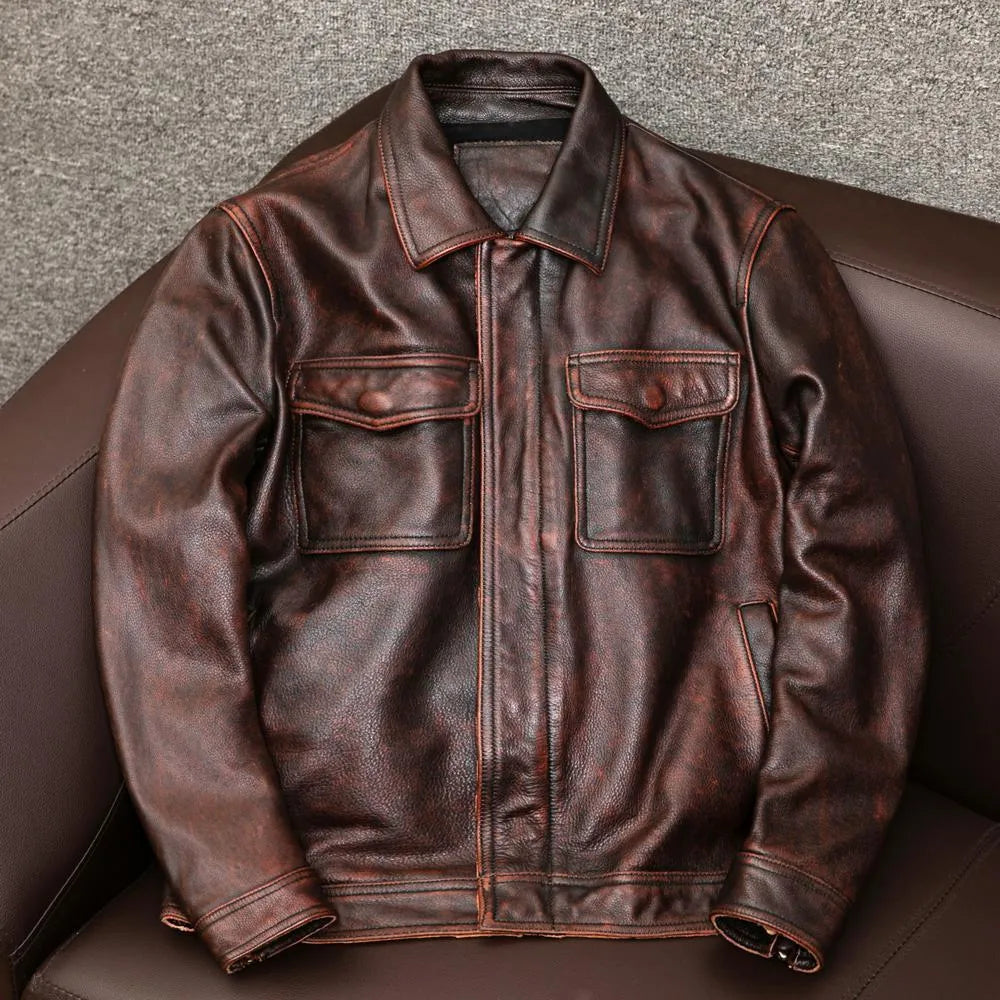Men's black PU leather jacket with lapel collar and side pockets