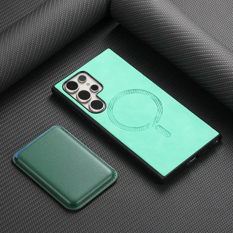 Silicone Samsung phone case with card case in purple, black, blue, orange, pink, brown or mint green.