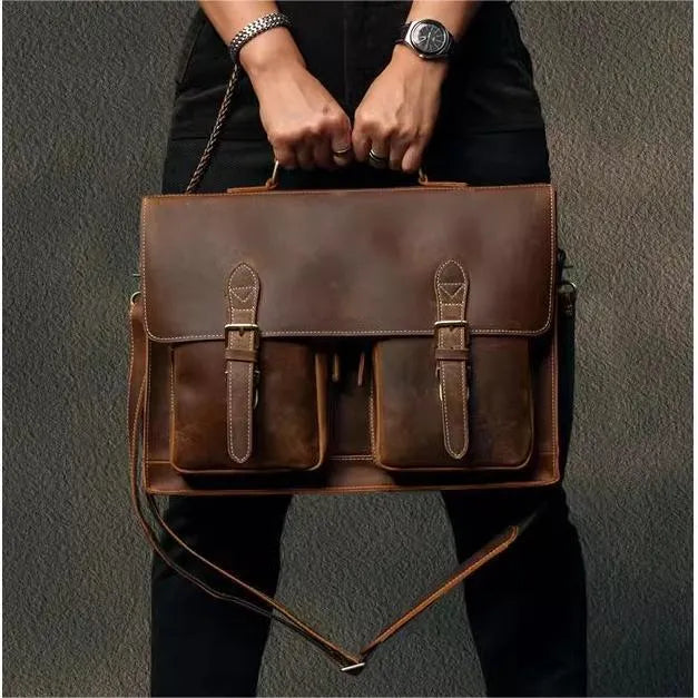 Cowhide leather crossbody computer bag with anti-theft features in dark brown colour