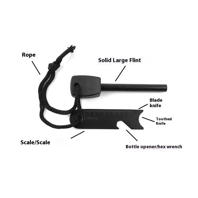 Black outdoor multifunctional survival flint tool with stainless steel scraper on a dark background.