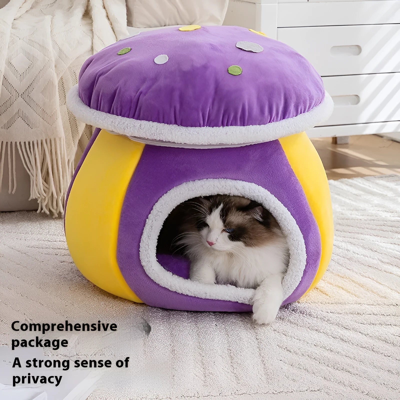 Grey mushroom-shaped plush cat bed with a thick, soft interior for pet comfort.