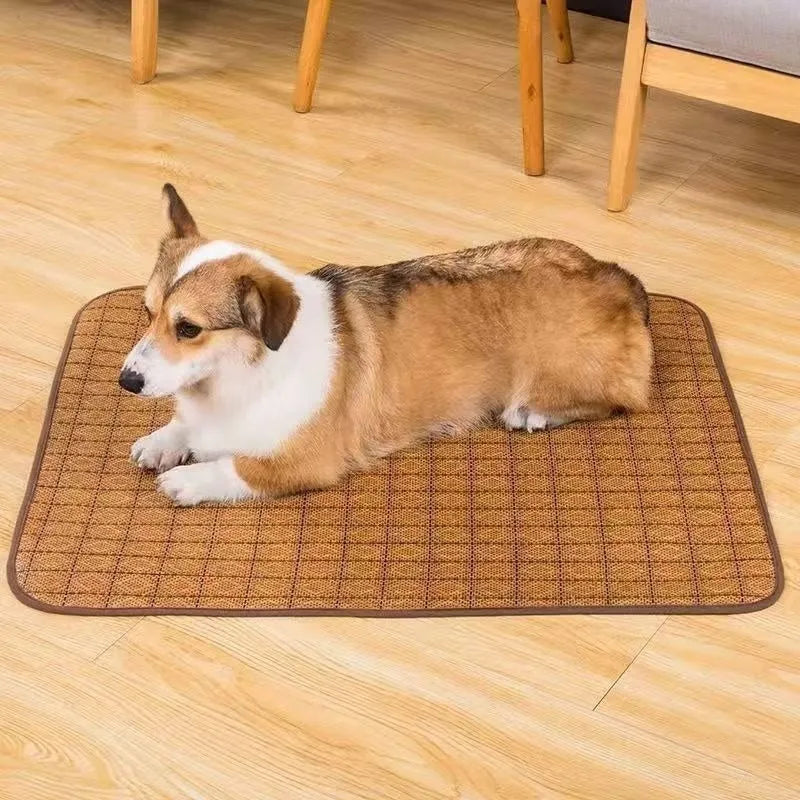 Brown woven rattan fibre cooling mat for dogs, shown in a large size.