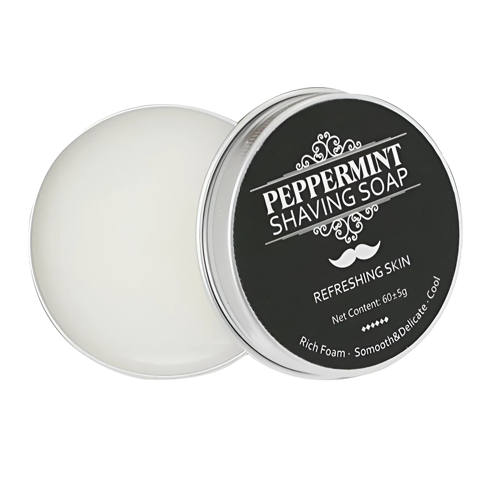 Mint scented shaving soap in aluminium box with rich foam on brush