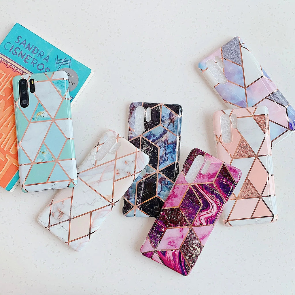 Electroplated marble design TPU mobile phone case for Huawei and Samsung phones in multiple colours.