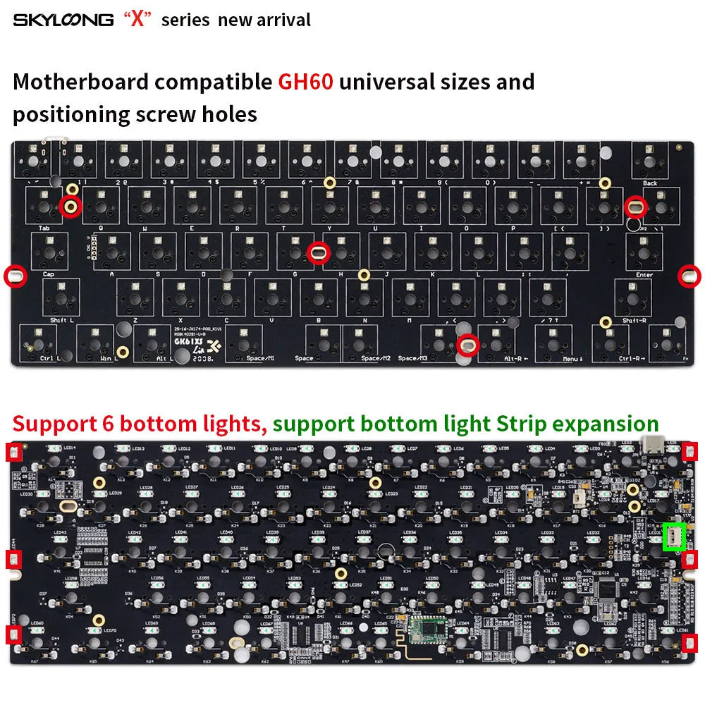 GK61XS dual mode mechanical keyboard kit with 1900mAh battery and RGB bottom lights black white