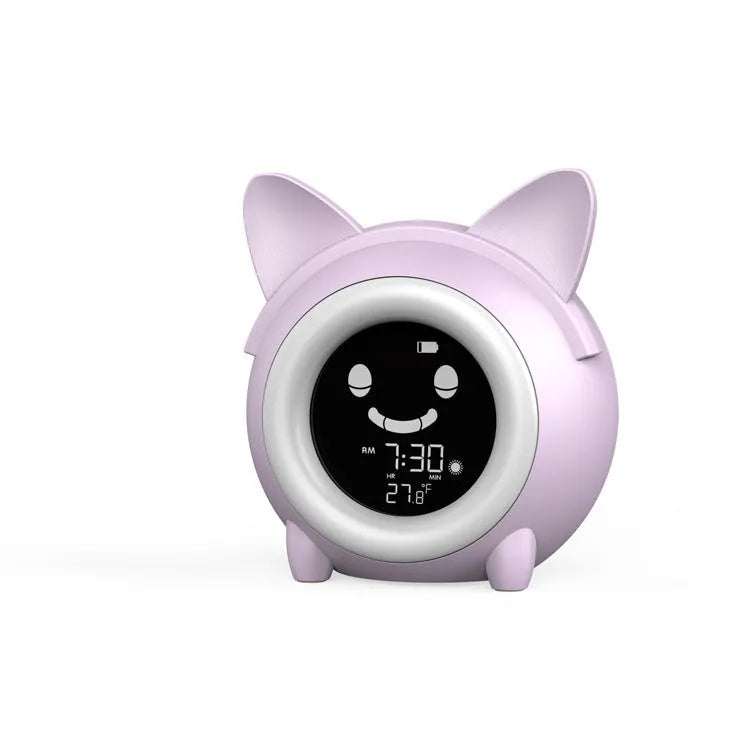 Round plastic LCD alarm clock with thermometer and luminous display, light blue colour