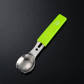 Outdoor spoon fork knife set with whistle, 15.7cm stainless steel camping multi-tool in black and green