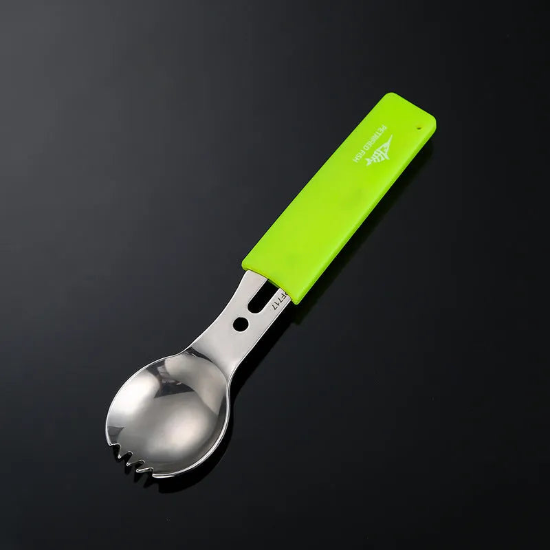 Outdoor spoon fork knife set with whistle, 15.7cm stainless steel camping multi-tool in black and green