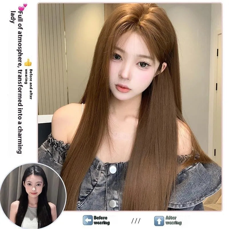 Long straight warm brown wig with centre-parted bangs and lace front construction