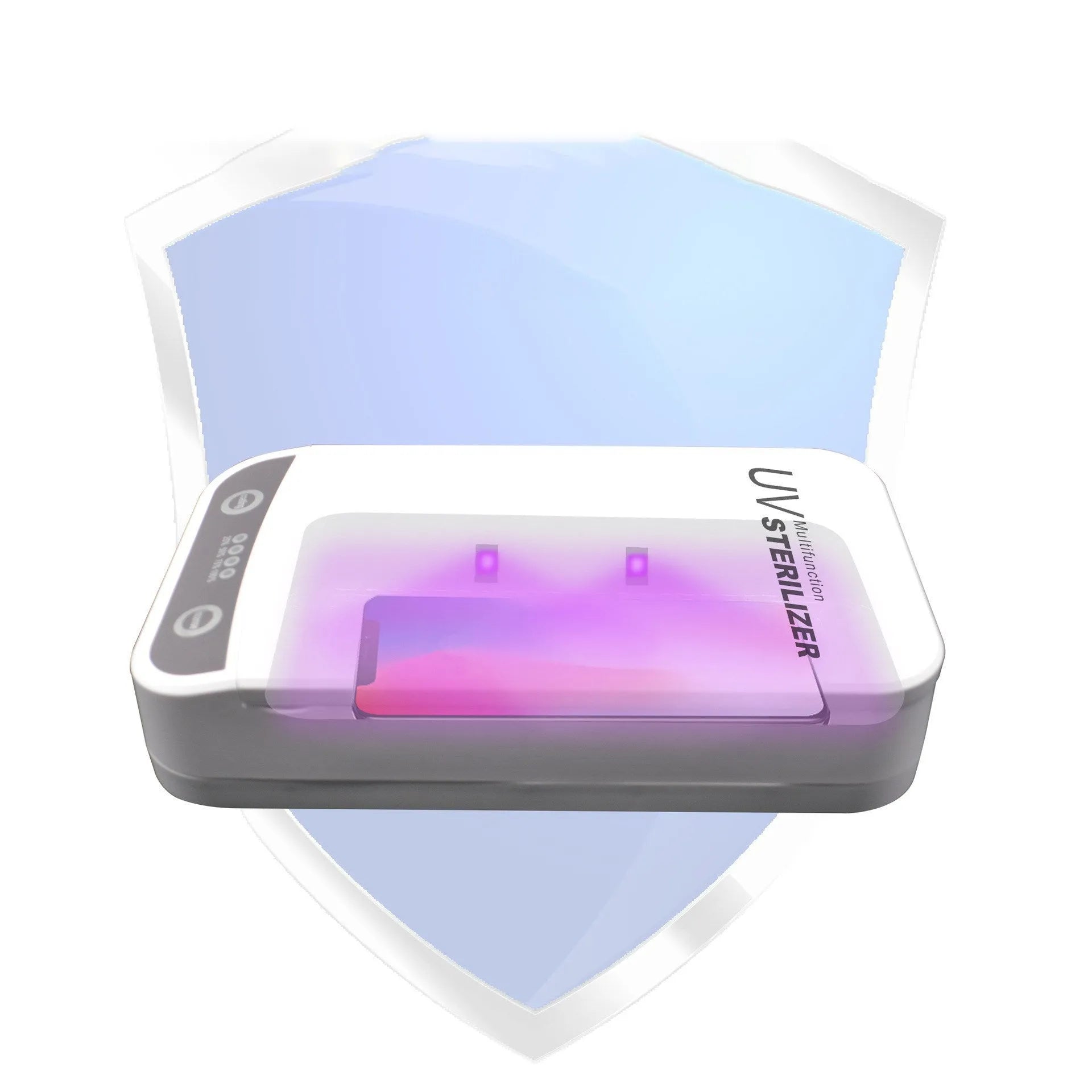 UV disinfection box open, showing internal chamber sized for a mobile phone.