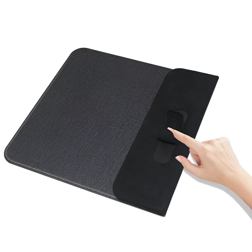 A foldable soft fabric phone holder for Qi wireless charging.