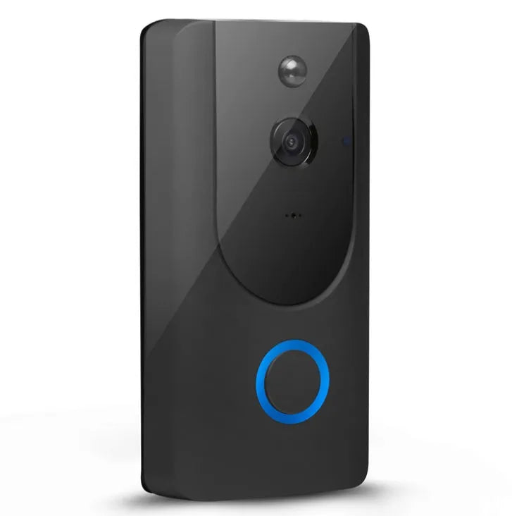 Smart WiFi video doorbell in grey or silver with 720P camera and 166° wide-angle lens for two-way intercom and PIR motion detection.