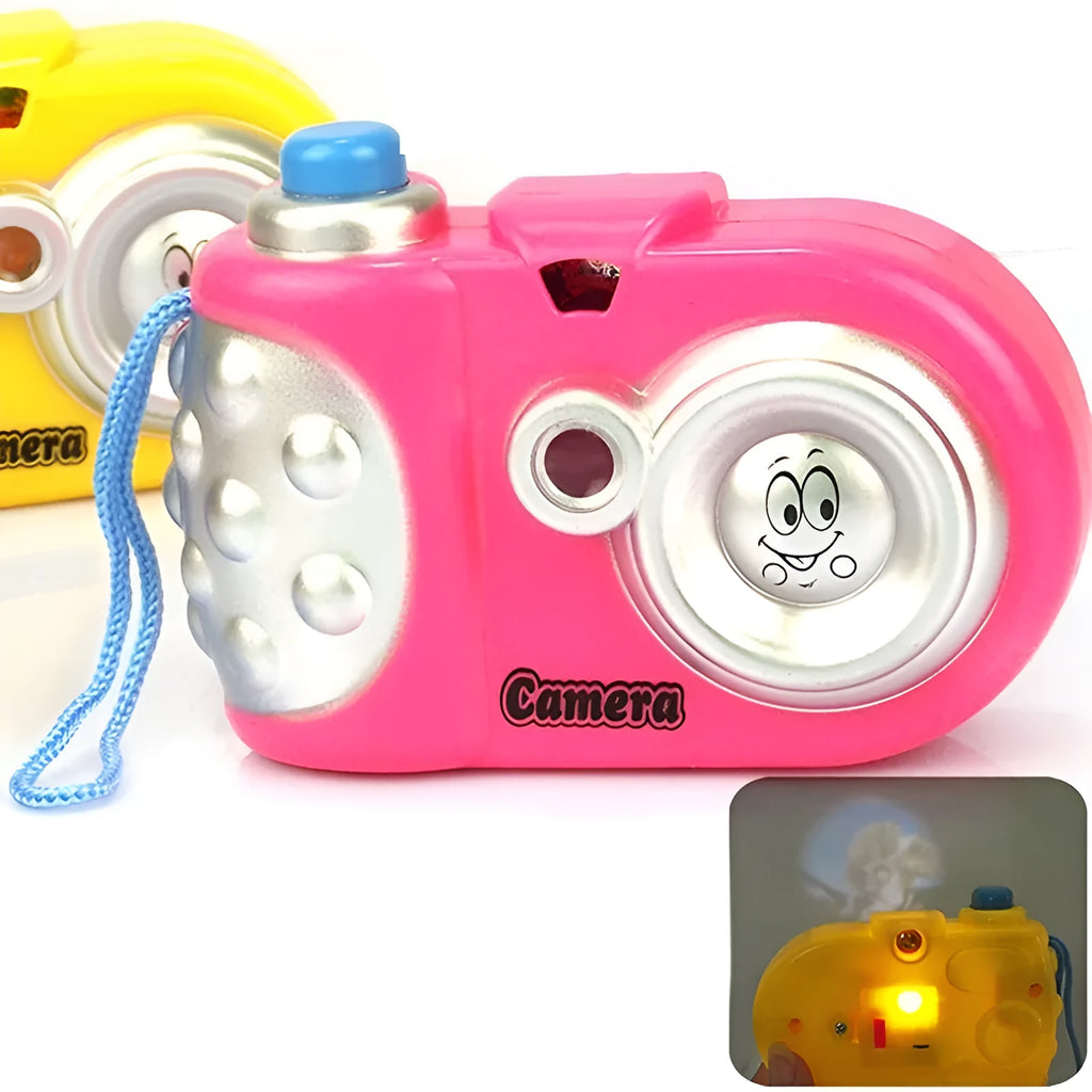 Kids plastic projection camera educational toy showing animal images with sliding lip mechanism