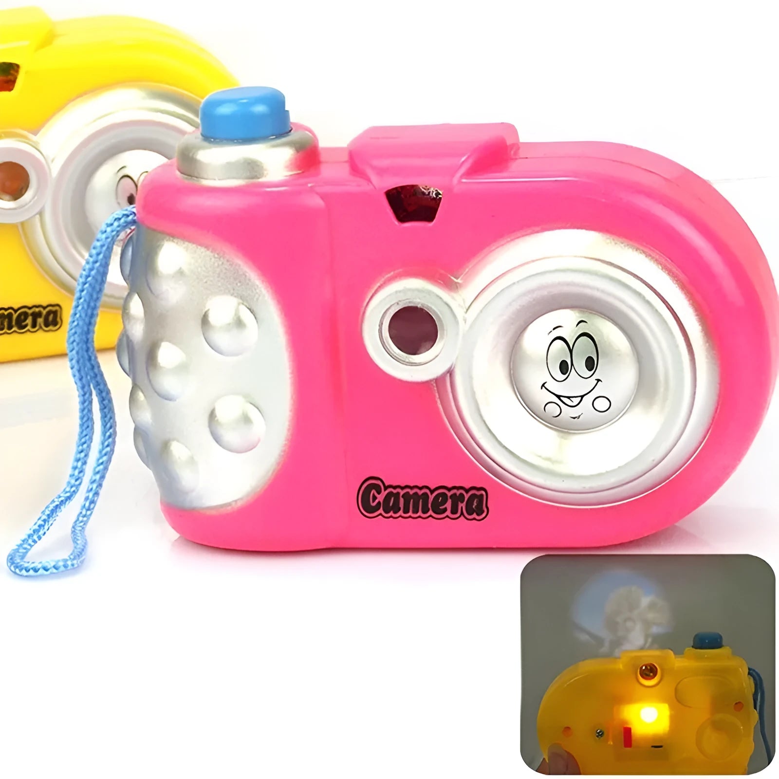 Kids plastic projection camera educational toy showing animal images with sliding lip mechanism
