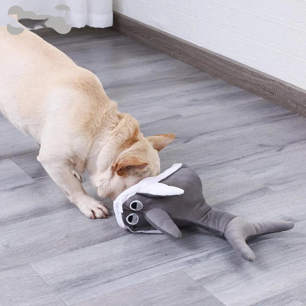 Grey plush shark pet throwing toy in plush cloth with cotton filling, 105g, M or S size