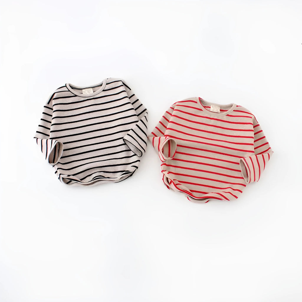 Striped print long sleeve cotton T-shirt for baby girls in black colour with size chart
