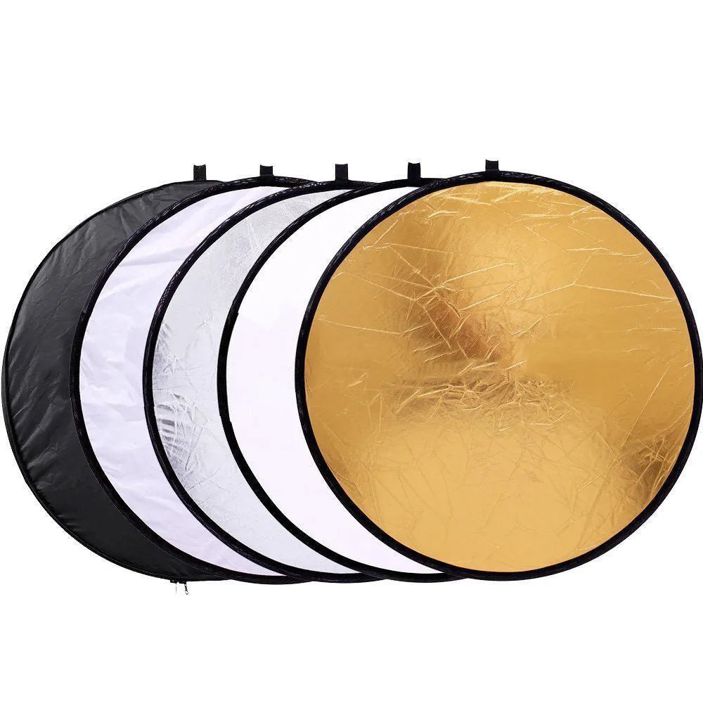 Round 60cm 5 in 1 collapsible photography reflector with gold silver white black translucent surfaces and carrying case