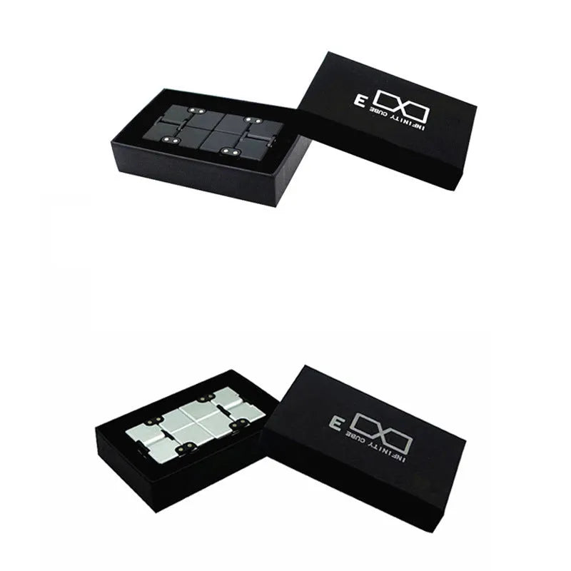 Zinc alloy infinity cube fidget toy showing black metallic finish and rotatable cube design