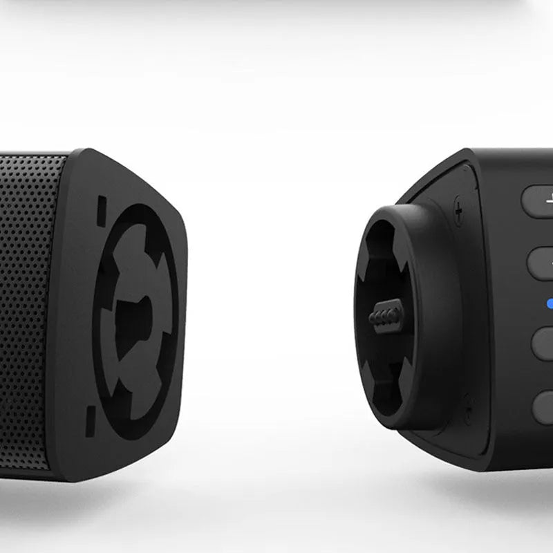 Black foldable split TV Bluetooth speaker with plastic casing showing button controls