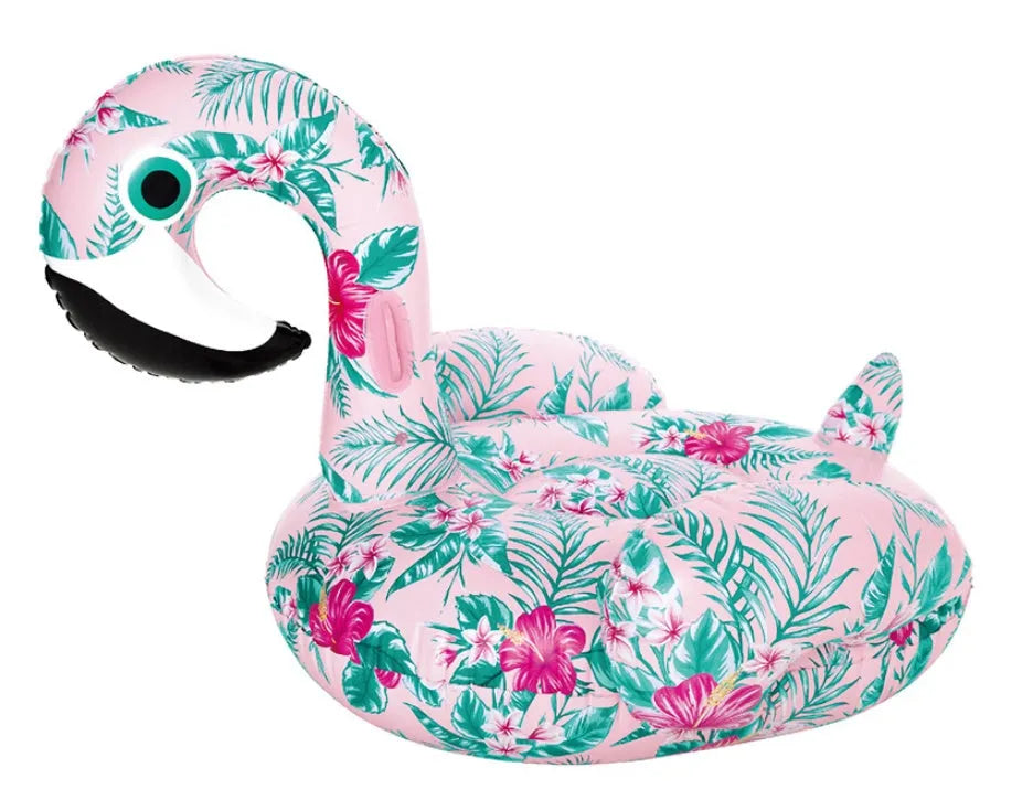 Inflatable pink flamingo swimming float and swim ring for adult and child pool use