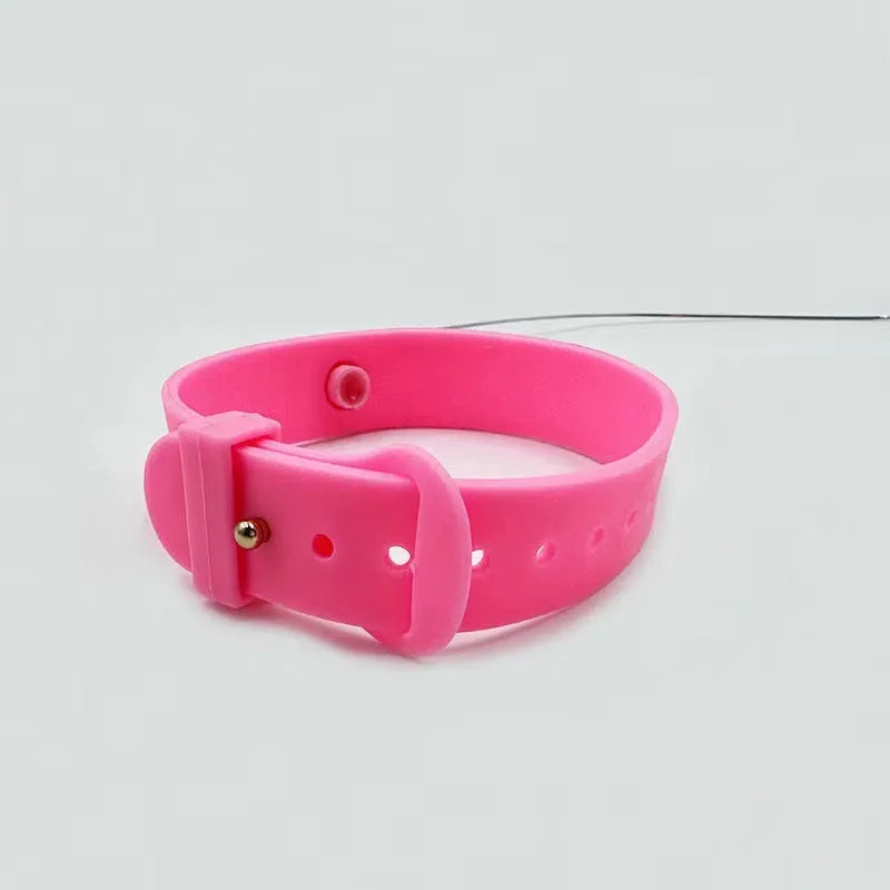 Blue adjustable cat collar with attached silicone wand, dangling feather, and a small bell for interactive play.