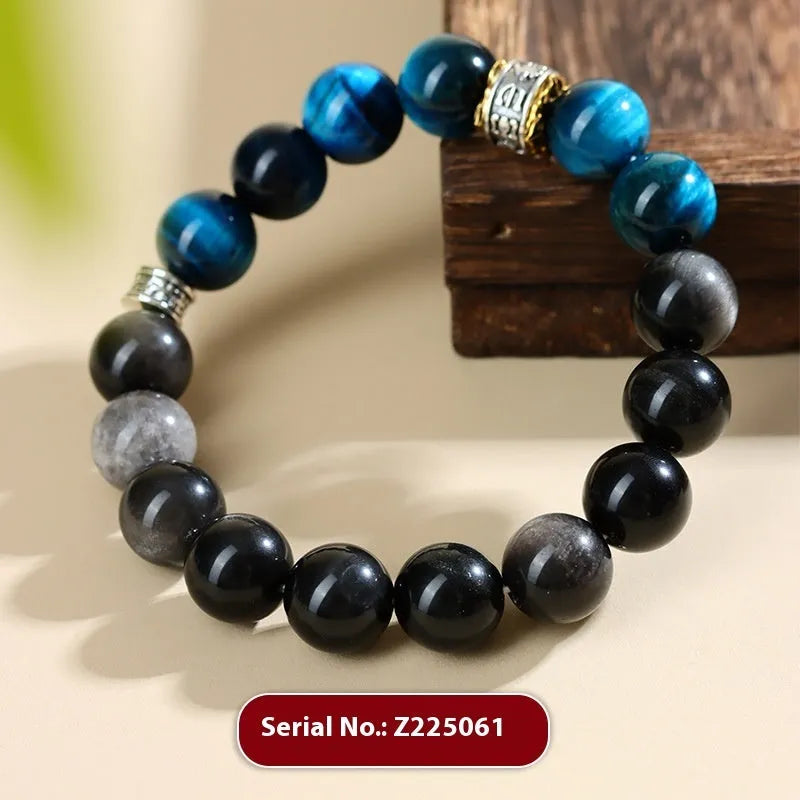 Handmade peacock blue Tigereye bracelet with silver stone accents in geometric ethnic design