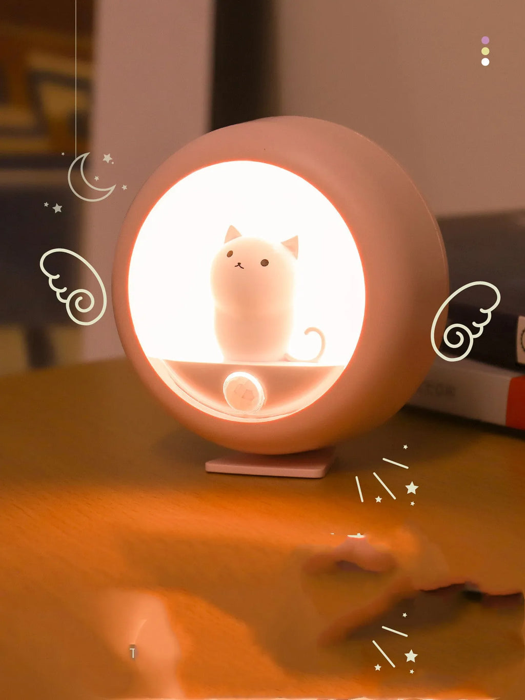 Colour-changing sleep night light with projection feature on a bedside table.